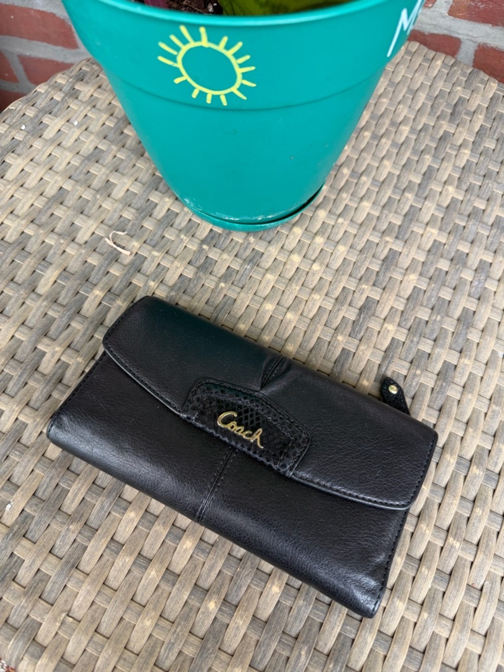 Coach Black Leather Continental Wallet with Gold Logo